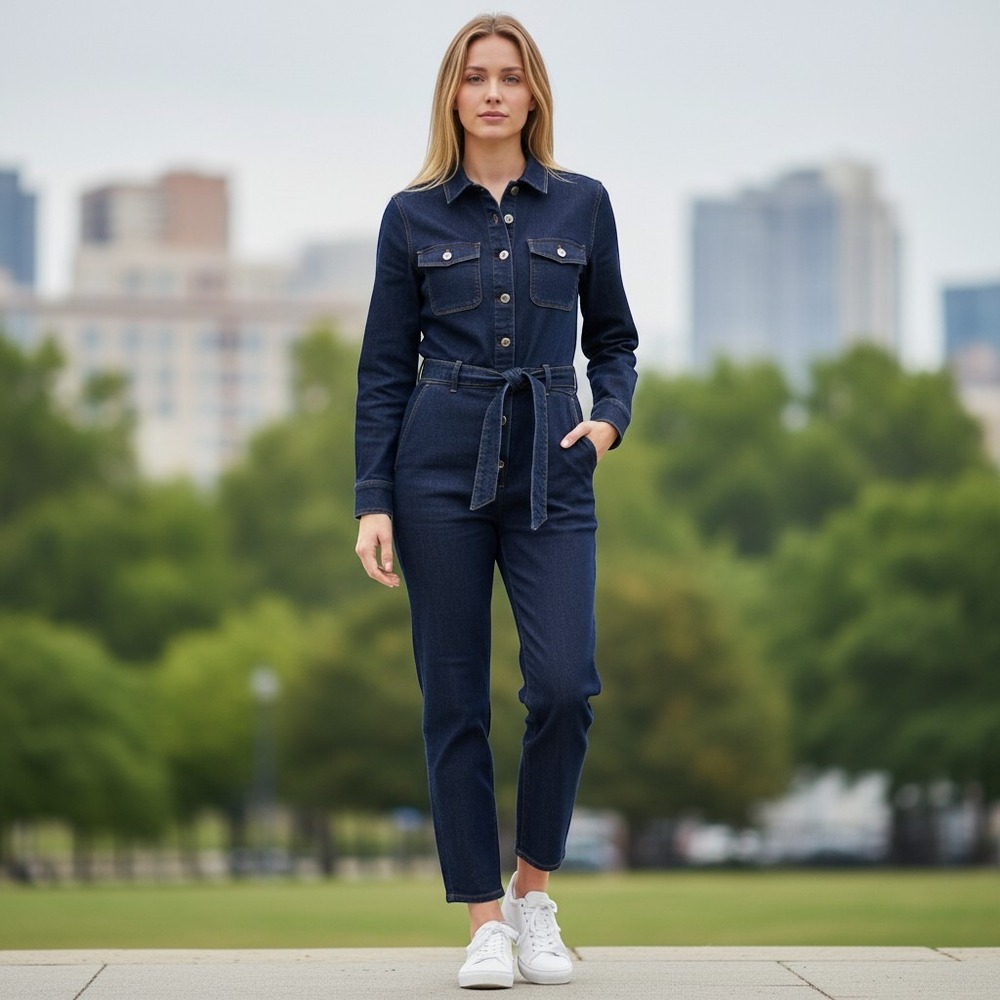 Lauren Ralph Lauren Denim Jumpsuit Indigo Blue Long Sleeve Belted NWT Size 8